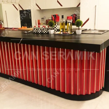 Kırmızı oluklu ada mutfak banko seramiği uygulaması